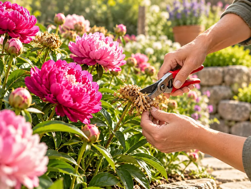 Hände schneiden mit der Gartenschere eine verblühte Pfingstrosenblüte in einem Beet ab