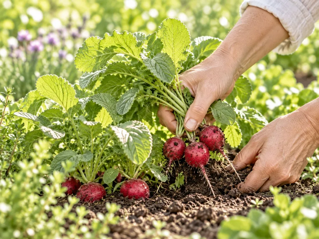 Hände ernten Radieschen aus dem Beet