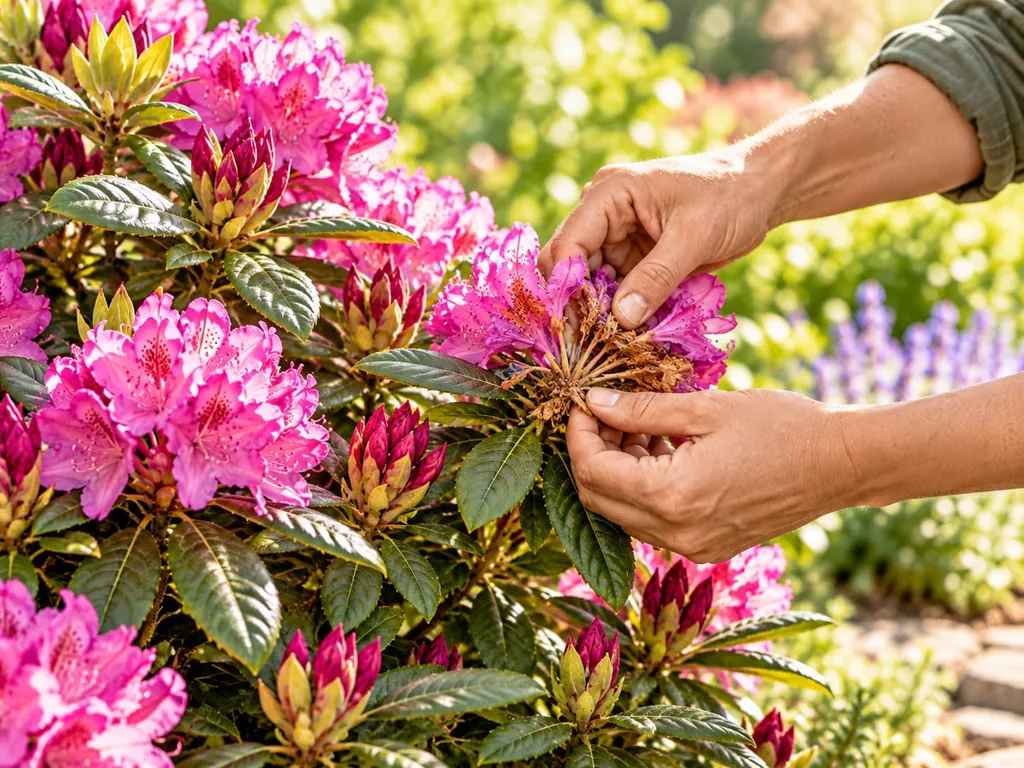 Hände brechen eine verblühte Blütendolde aus einem pink blühenden Rhododendron aus