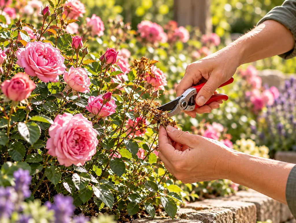 Hände schneiden mit der Gartenschere eine verblühte Blüte aus einem rosa Rosenstrauch