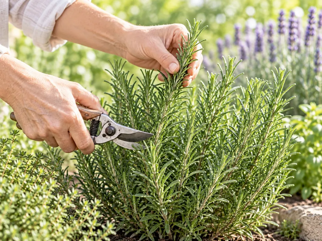 Eine Hand schneidet mit der Gartenschere einen Zweig von einem Rosmarinstrauch