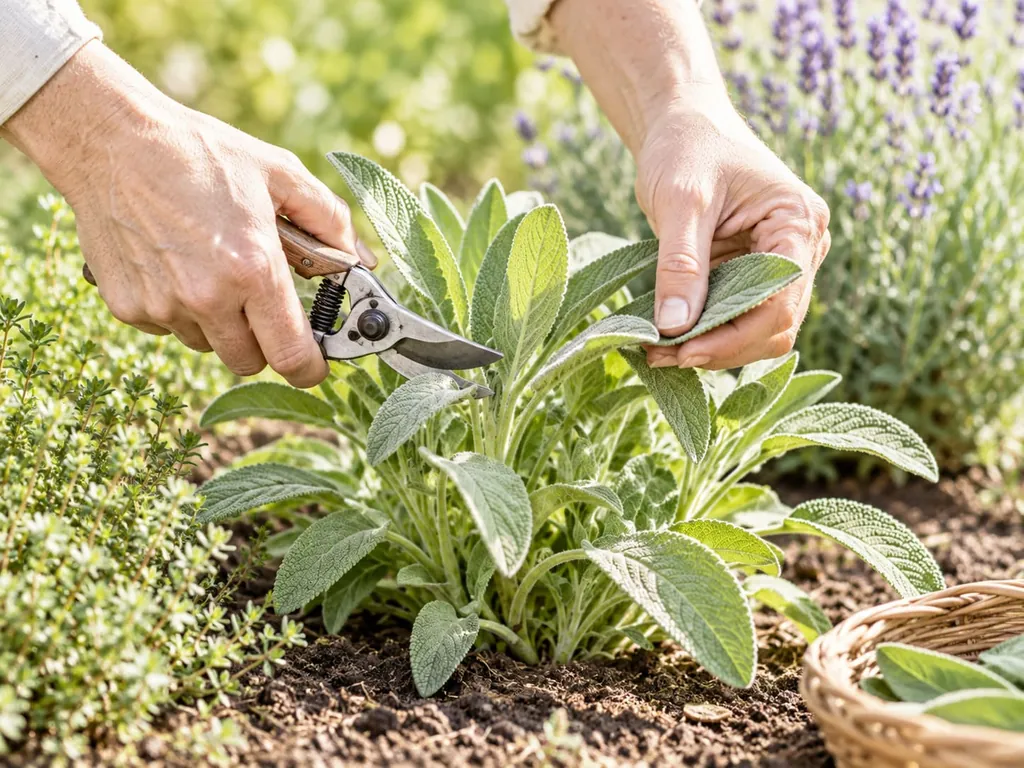 Eine Hand schneidet mit der Gartenschere ein Salbeiblatt ab