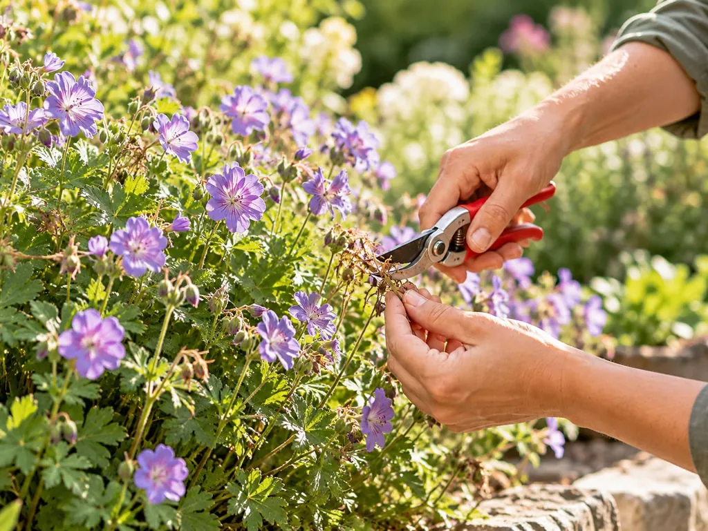 Hände schneiden mit der Gartenschere Triebe eines violett blühenden Storchschnabels