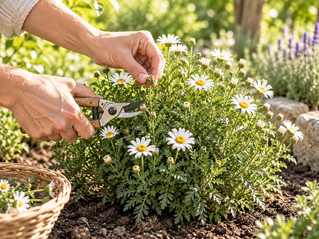 Hände schneiden mit der Gartenschere eine verblühte Blüte der Strauchmargerite ab