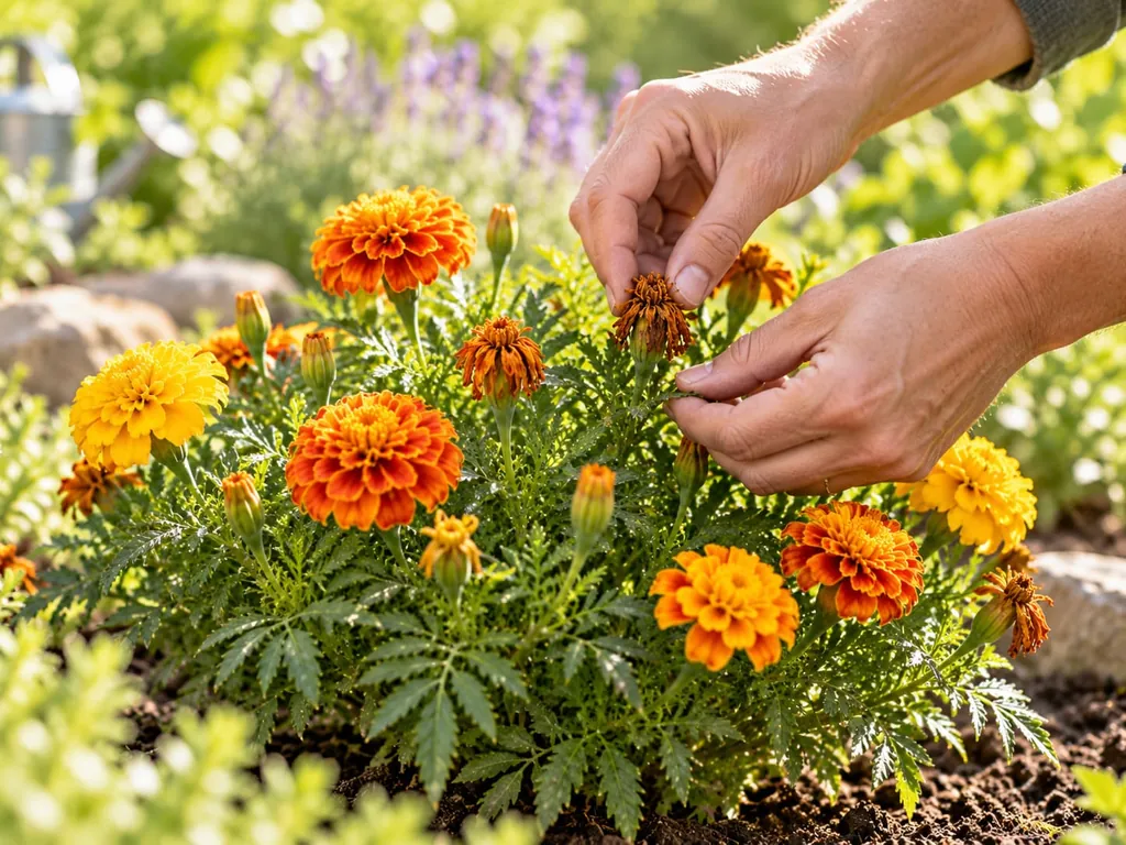 Hände putzen verblühte Blüten aus einer Tagetes im Beet aus