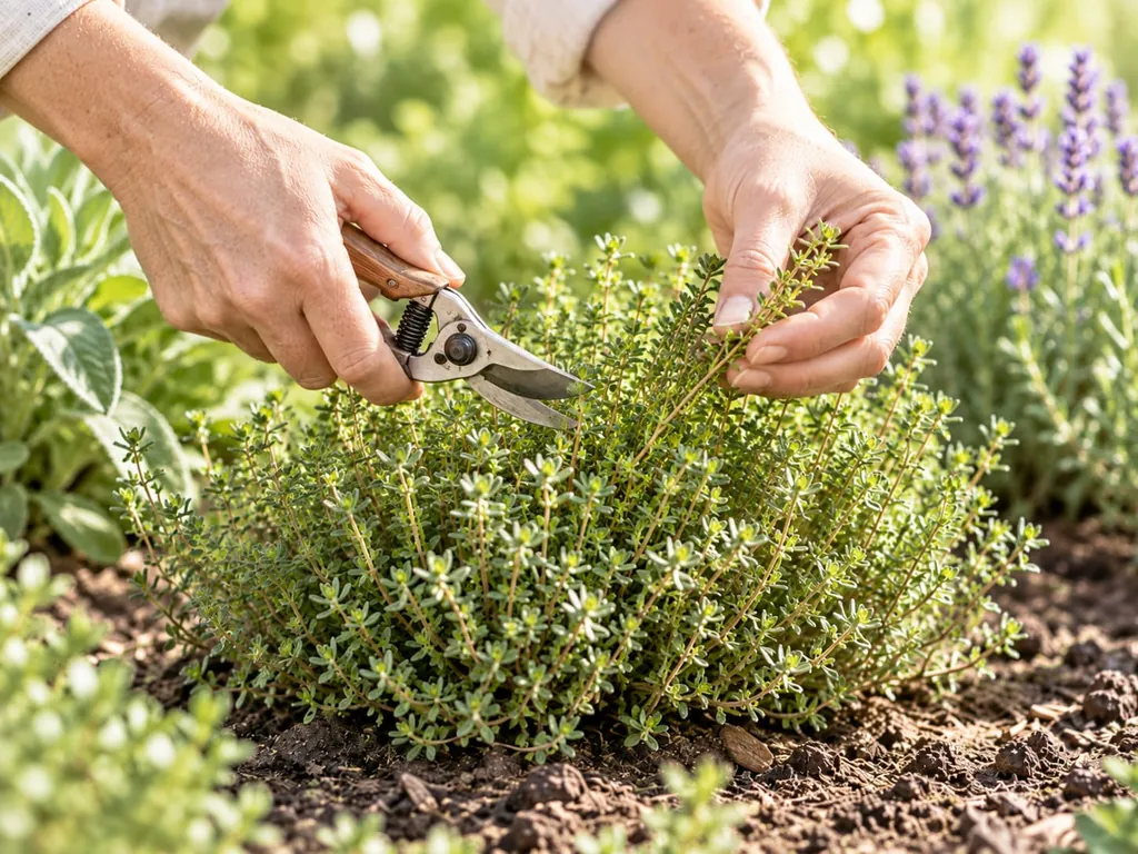 Eine Hand schneidet mit der Gartenschere Triebe von einem Thymianpolster