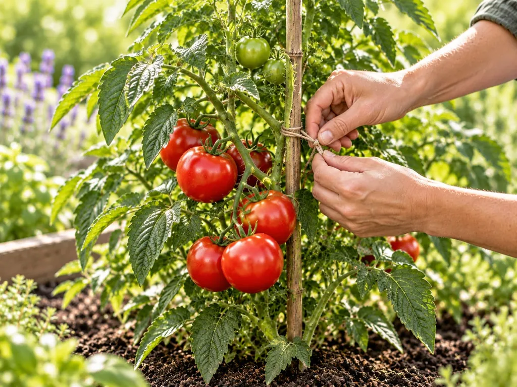 Hände binden den Trieb einer Tomatenpflanze mit reifen Früchten an einen Stab