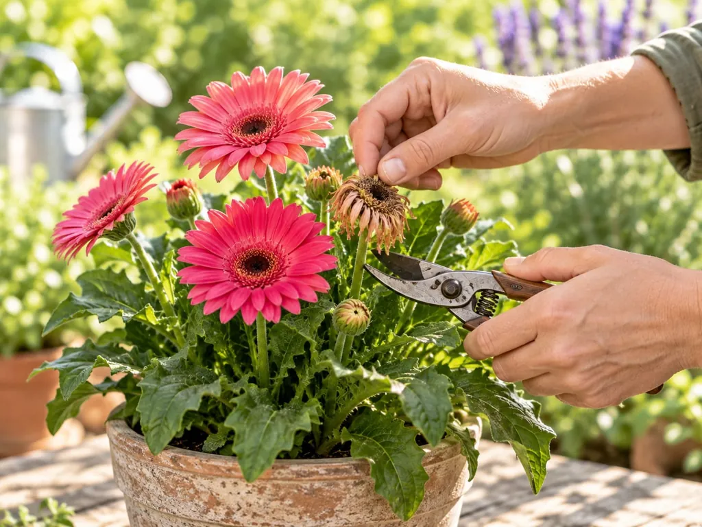 Eine Hand schneidet mit der Gartenschere eine verblühte Gerberablüte ab