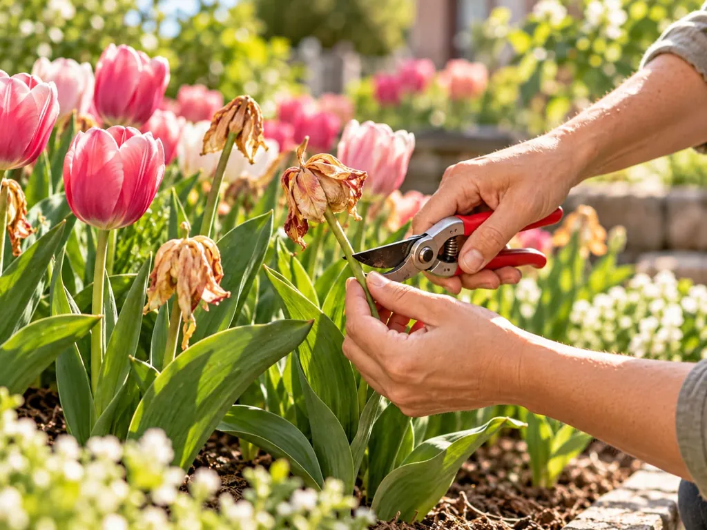 Hände schneiden mit der Gartenschere verblühte Tulpenblüten in einem Beet ab