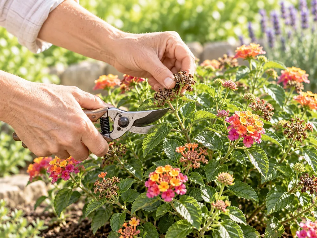 Hände schneiden mit der Gartenschere Triebe eines blühenden Wandelröschens zurück