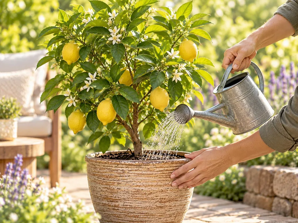 Eine Hand gießt einen Zitronenbaum mit Früchten im Topf mit einer Gießkanne