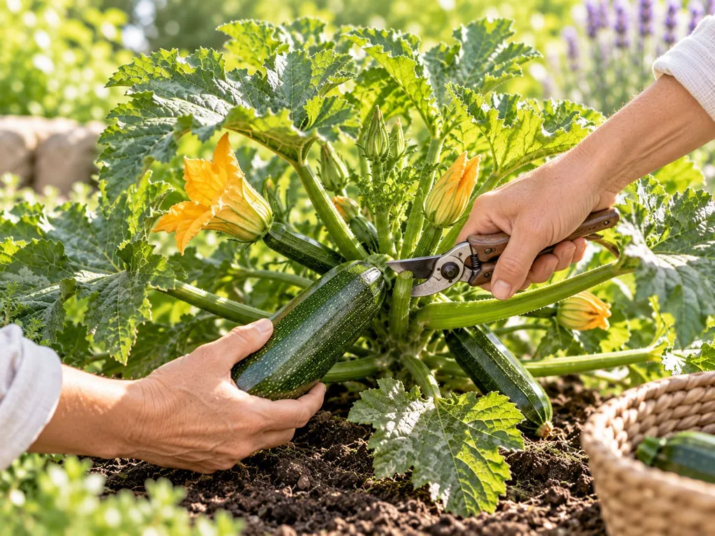 Hände ernten eine Zucchini von der Pflanze im Beet