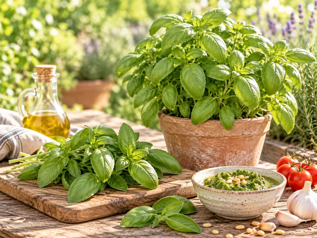 Basilikum im Topf auf einem Holztisch, daneben Olivenöl, eine Schale Pesto und Knoblauch