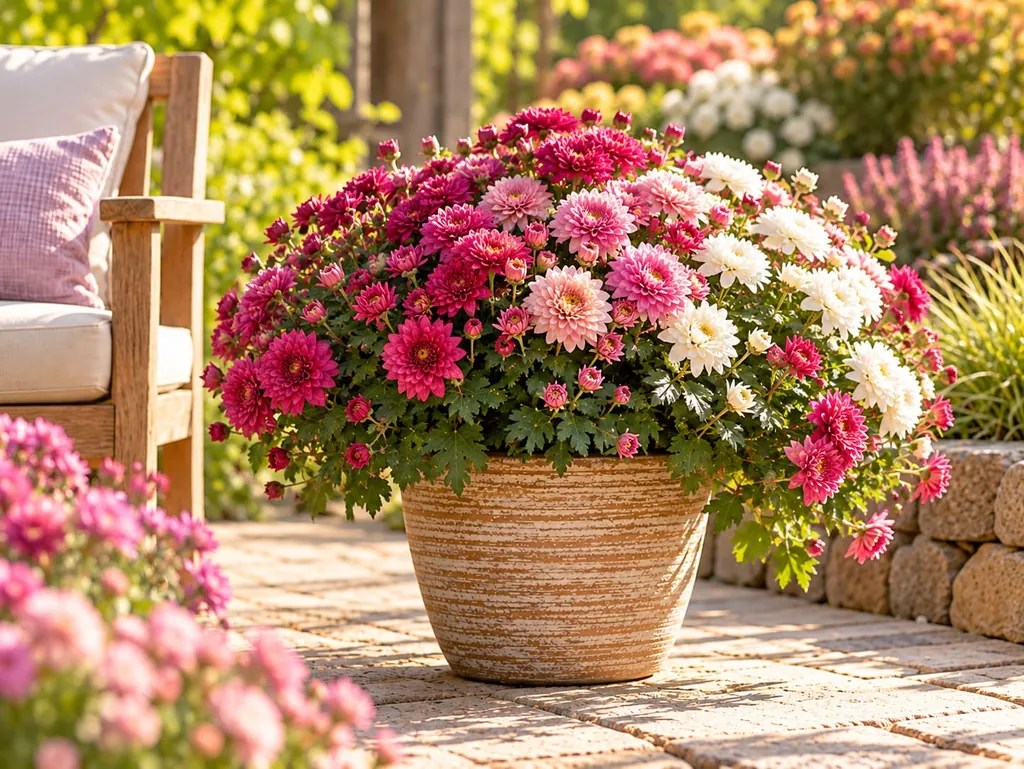 Pinke, rosa und weiße Chrysanthemen in einem Tontopf auf einer Terrasse