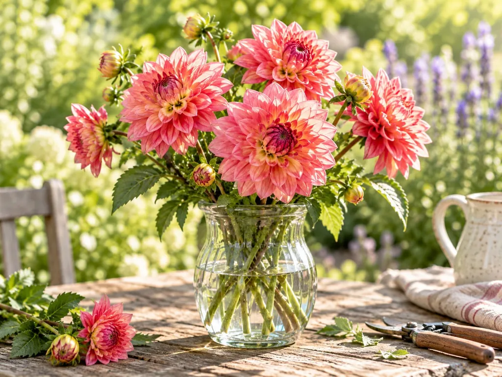 Ein Strauß rosa Dahlien in einer Glasvase auf einem Gartentisch