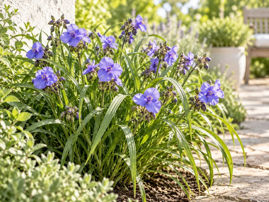 Blau blühende Dreimasterblume in einem Beet neben einem Gartenweg