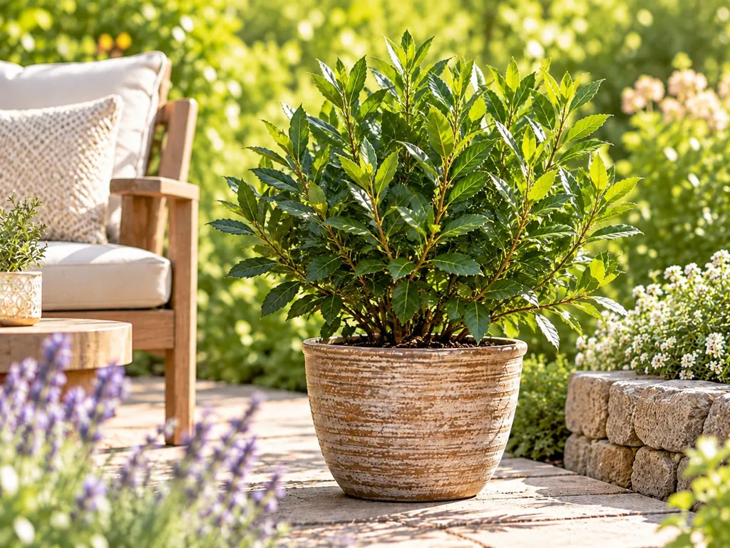 Lorbeerbusch in einem Tontopf auf einer sonnigen Terrasse neben einem Sessel