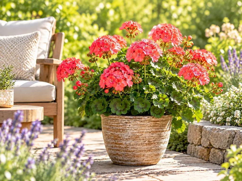 Rot blühende Geranien in einem Tontopf auf einer sonnigen Terrasse
