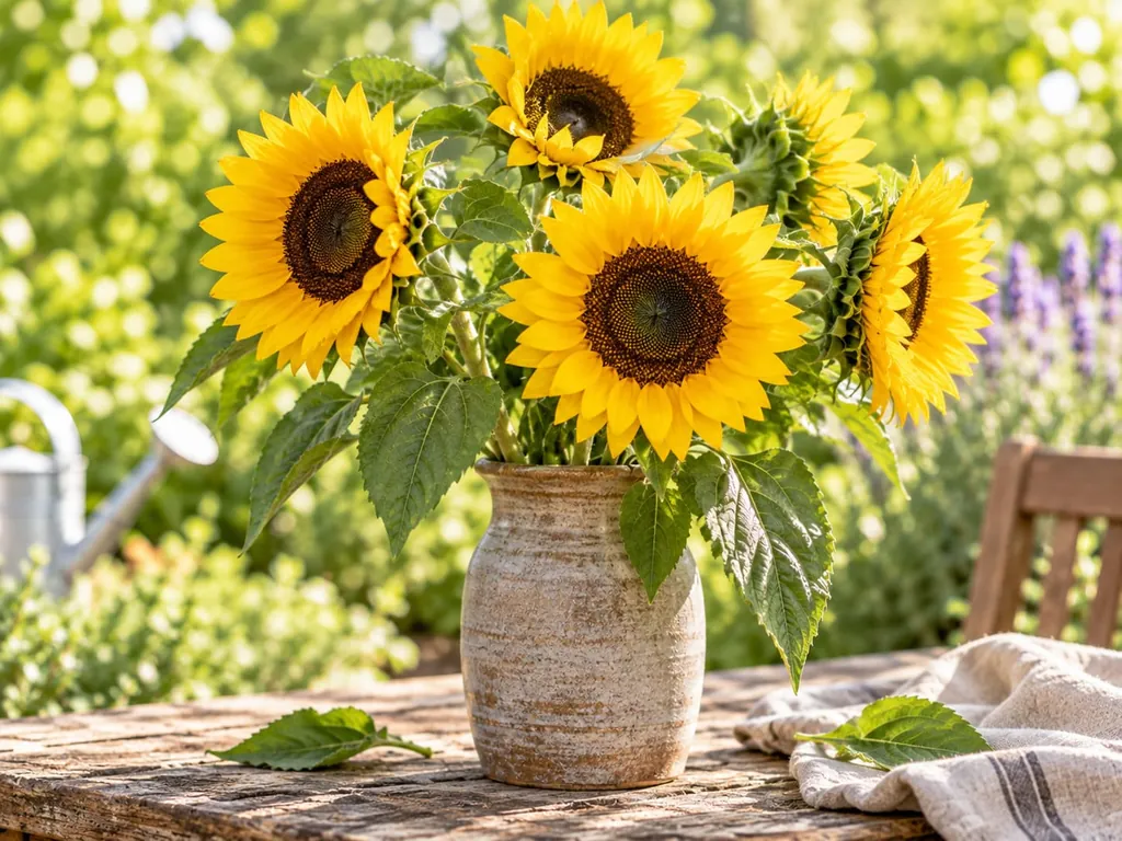 Ein Strauß Sonnenblumen in einer Vase auf einem Gartentisch