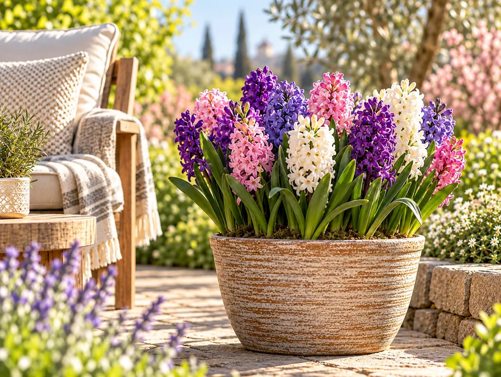 Blaue, rosa und weiße Hyazinthen in einem Tontopf auf einer Terrasse