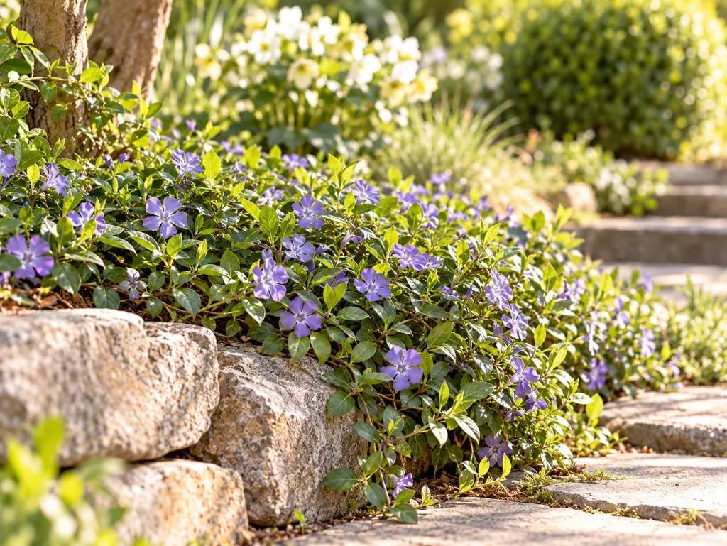Blau blühendes Immergrün überwächst Steine an einem Gartenhang