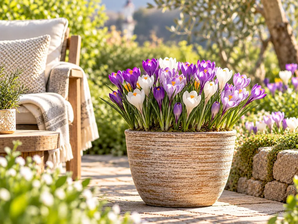 Violette und weiße Krokusse in einem Tontopf auf einer sonnigen Terrasse