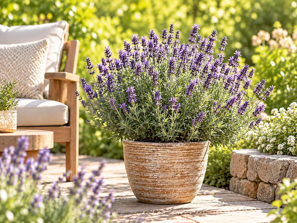 Blühender Lavendel in einem Tontopf auf einer sonnigen Terrasse