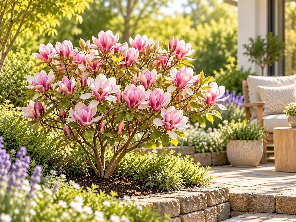 Rosa blühende Magnolie als Strauch in einem Beet neben einer Terrasse