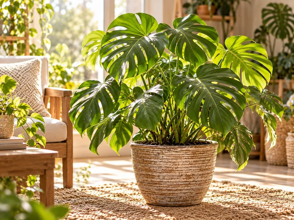 Monstera in einem Topf in einem hellen Wohnbereich neben einem Sessel