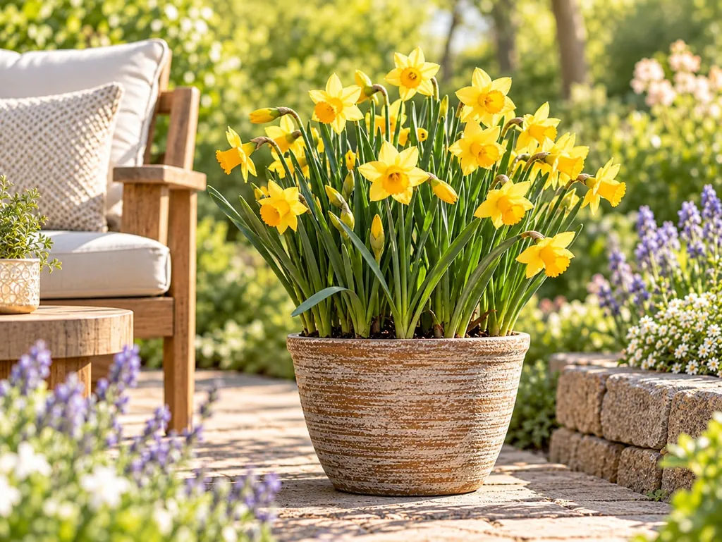 Gelbe Narzissen in einem Tontopf auf einer sonnigen Terrasse