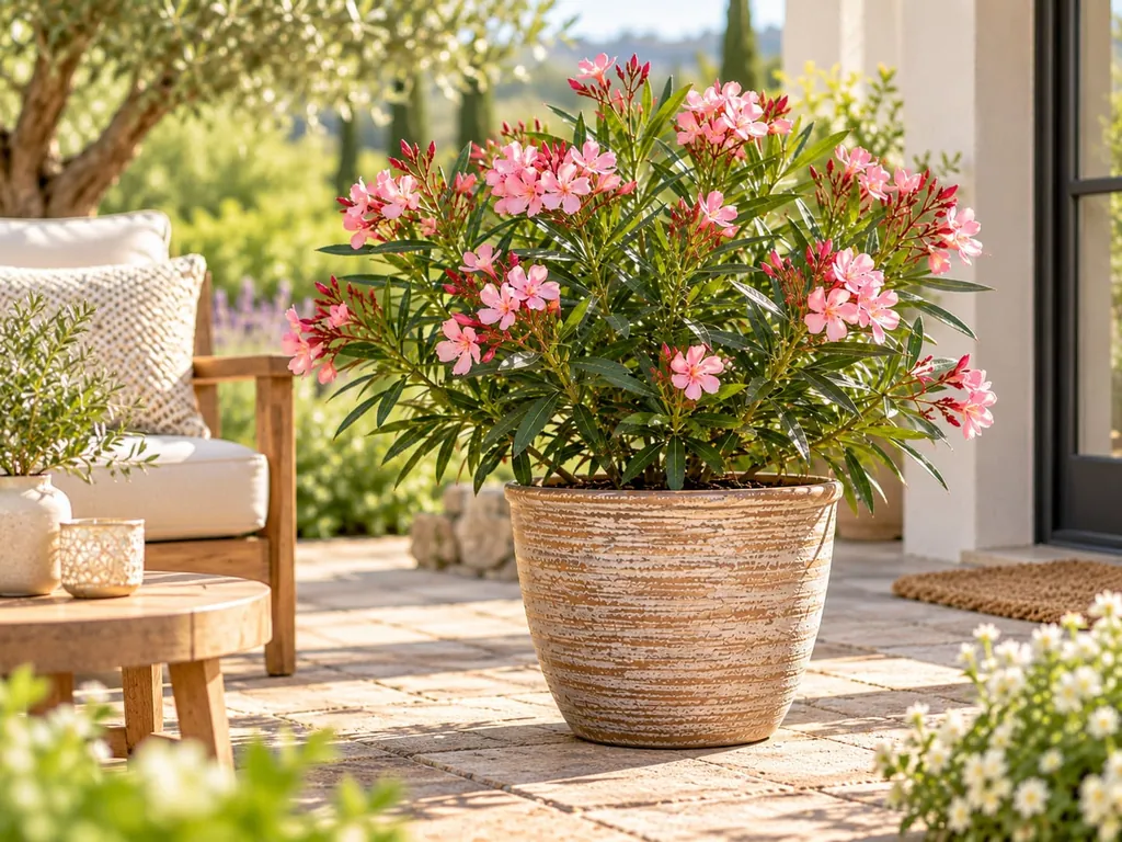 Rosa blühender Oleander in einem Tontopf auf einer sonnigen Terrasse