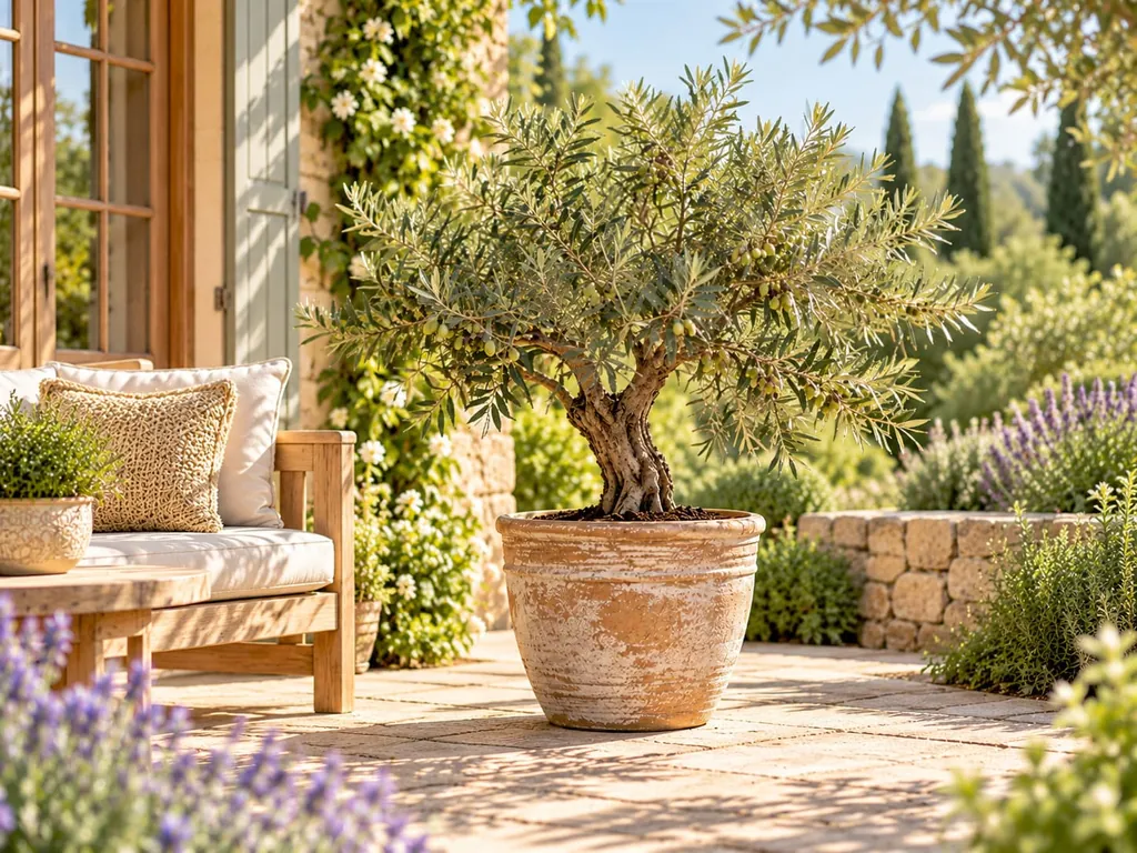 Olivenbaum in einem Tontopf auf einer sonnigen Terrasse vor dem Haus