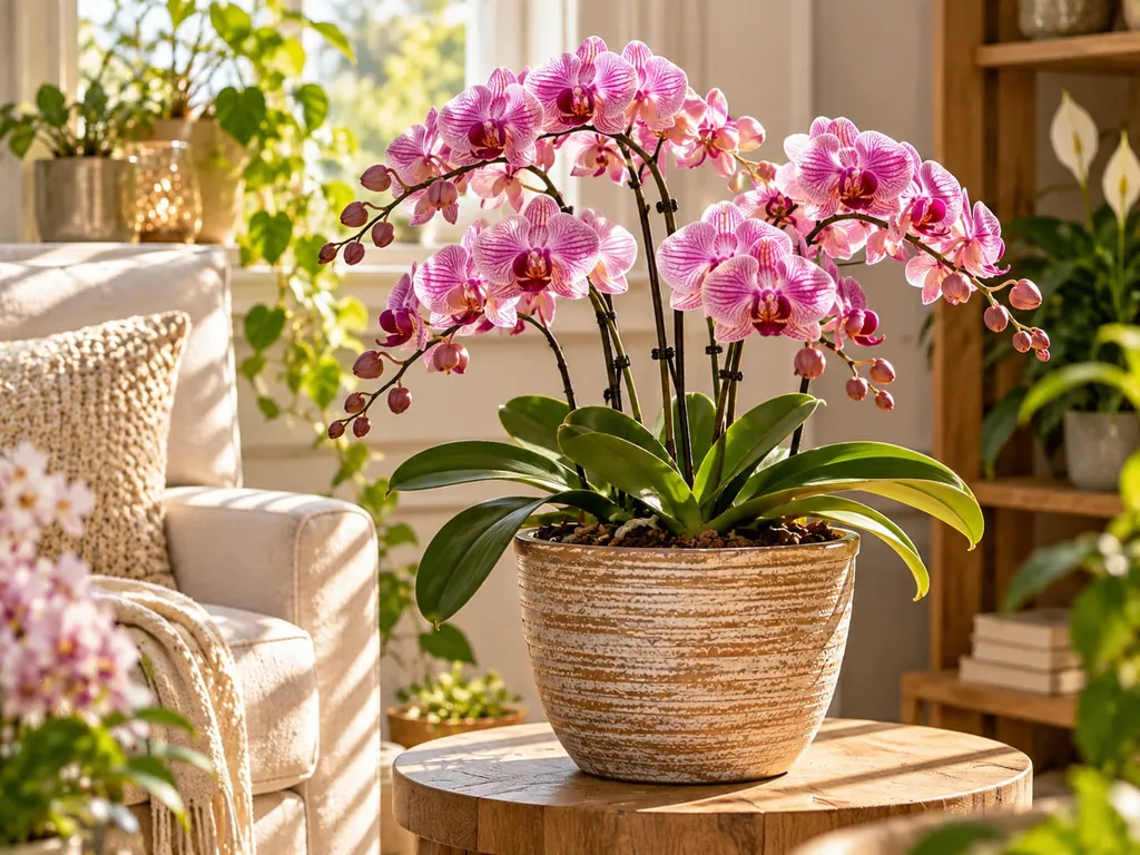 Rosa blühende Orchidee in einem Topf auf einem Holztisch im Wohnbereich