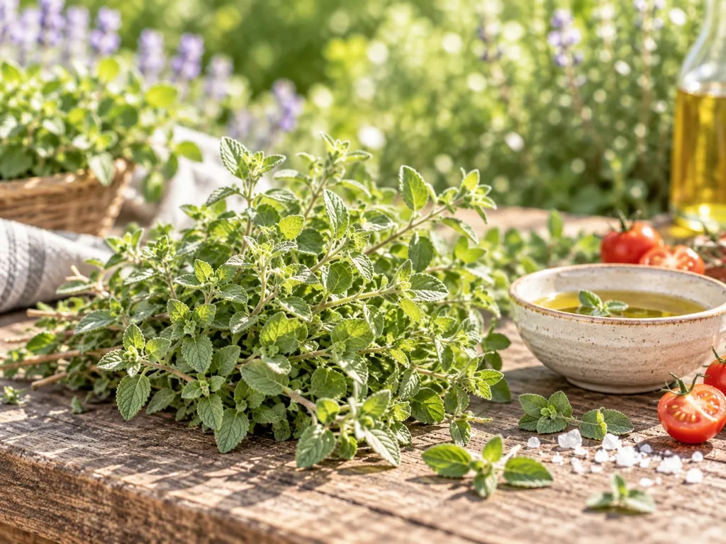 Frisch geschnittener Oregano auf einem Holztisch, daneben eine Schale mit Öl und Tomaten