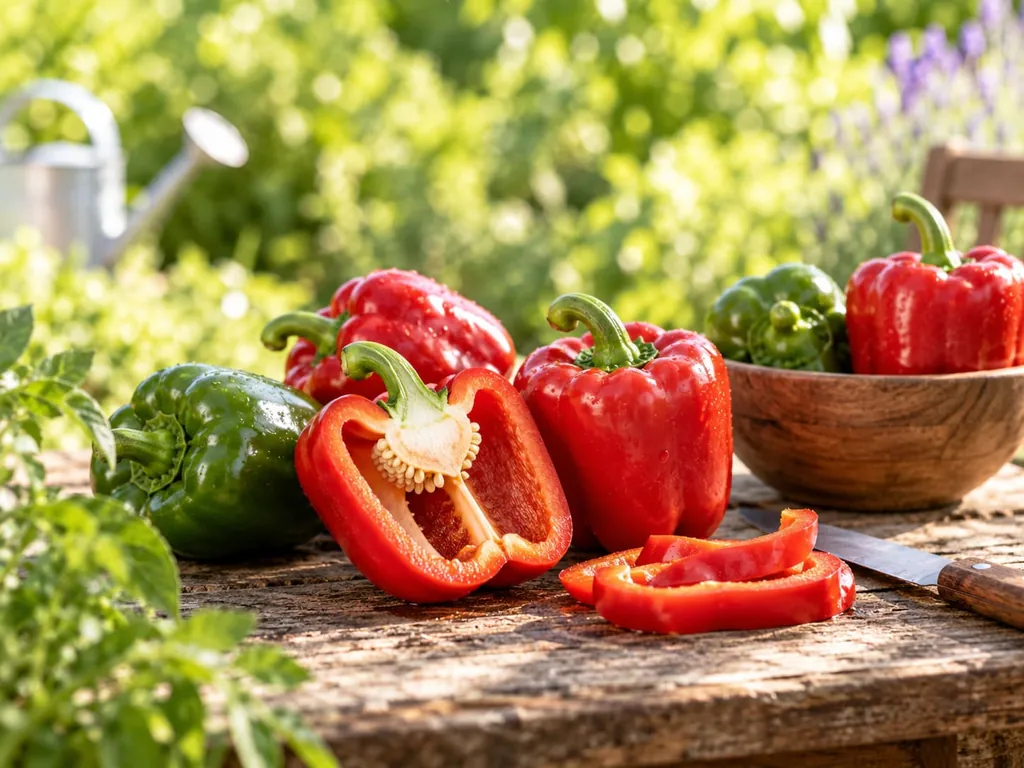 Rote und grüne Paprika, ganz und aufgeschnitten, auf einem Holztisch