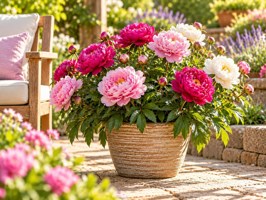 Pinke, rosa und weiße Pfingstrosen in einem Tontopf auf einer Terrasse