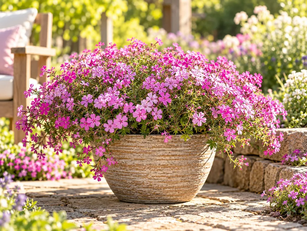 Rosa blühender Polsterphlox in einer Schale auf einer sonnigen Terrasse