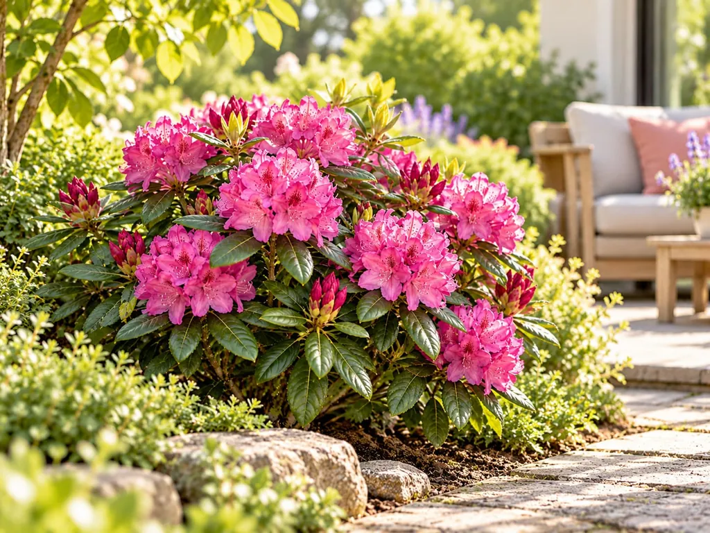 Pink blühender Rhododendron in einem Beet vor einer sonnigen Terrasse