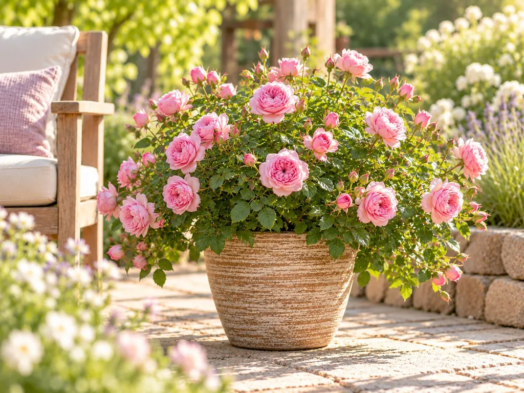 Rosa blühende Rosen in einem Tontopf auf einer sonnigen Terrasse