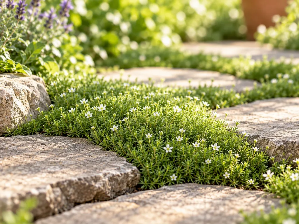 Sternmoos als dichtes Polster zwischen den Trittsteinen eines Gartenwegs