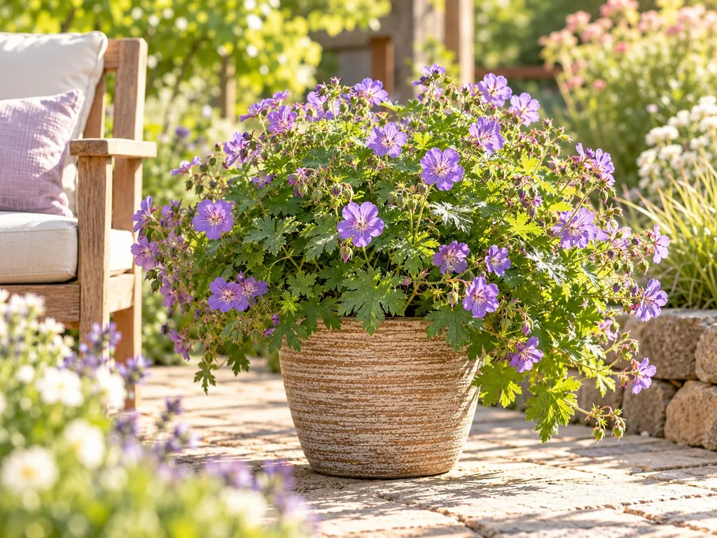 Violett blühender Storchschnabel in einem Tontopf auf einer sonnigen Terrasse