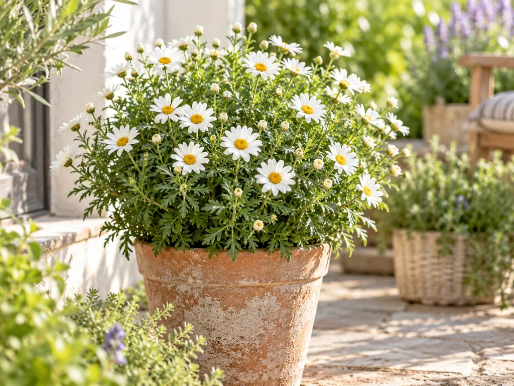 Weiß blühende Strauchmargerite in einem Tontopf auf einer Terrasse