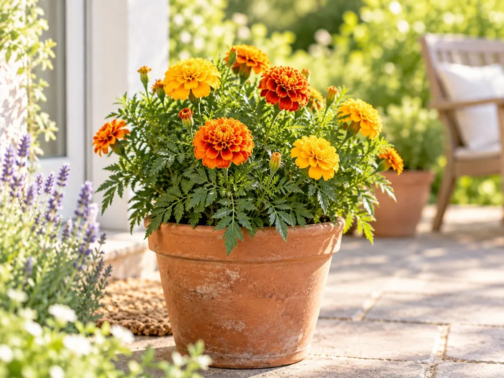 Orange blühende Tagetes in einem Tontopf auf einer Terrasse