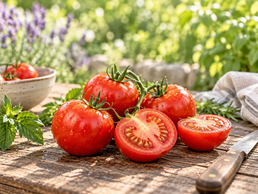 Reife Tomaten, ganz und aufgeschnitten, auf einem Holztisch