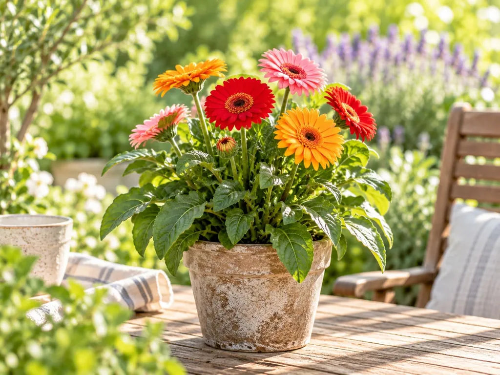 Topfgerbera mit rosa, roten und orangen Blüten in einem Tontopf