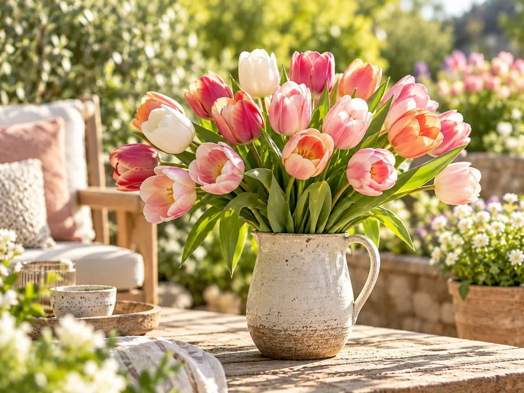 Ein Strauß rosa und weißer Tulpen in einem Krug auf einem Terrassentisch
