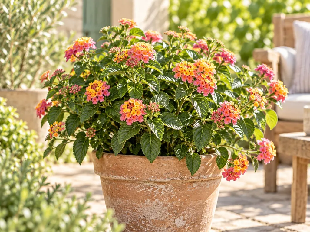 Wandelröschen mit gelb-orangen Blüten in einem Tontopf auf einer Terrasse