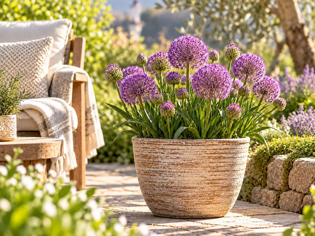 Violetter Zierlauch in einem Tontopf auf einer sonnigen Terrasse