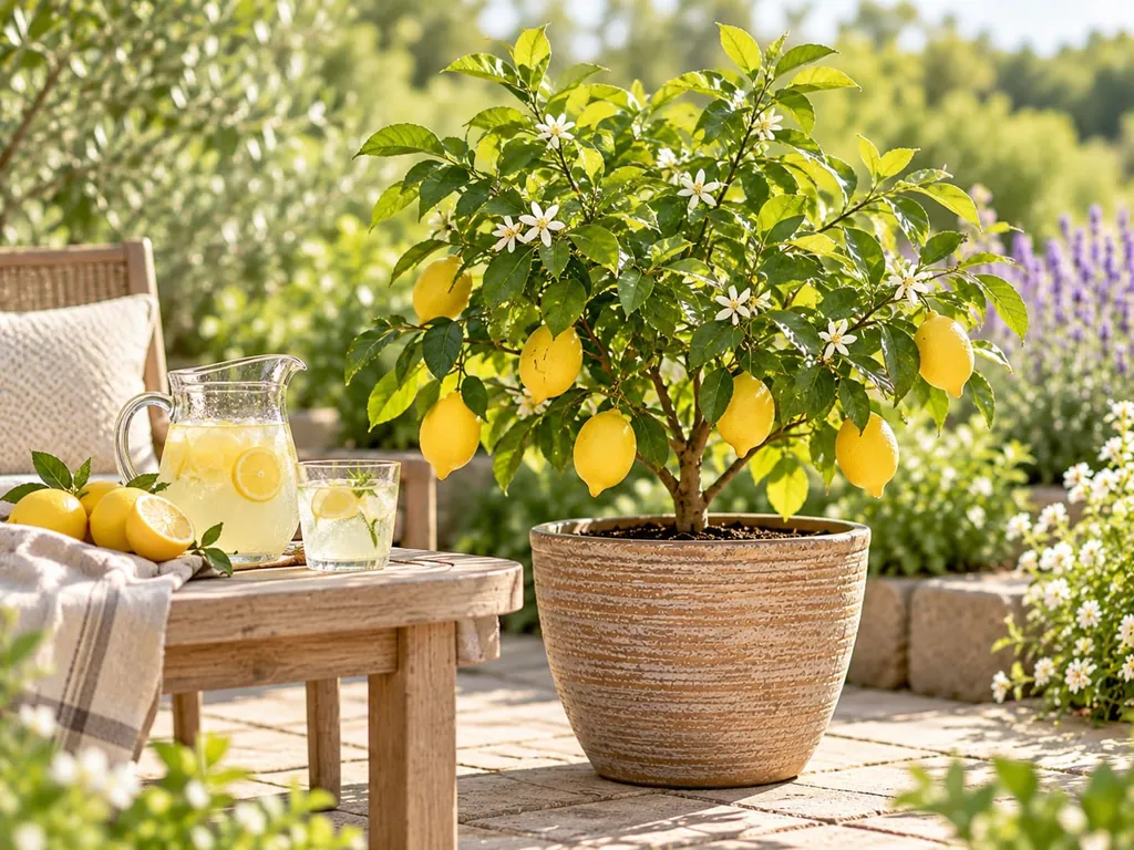 Zitronenbaum mit Früchten in einem Tontopf neben einem Tisch mit Limonade