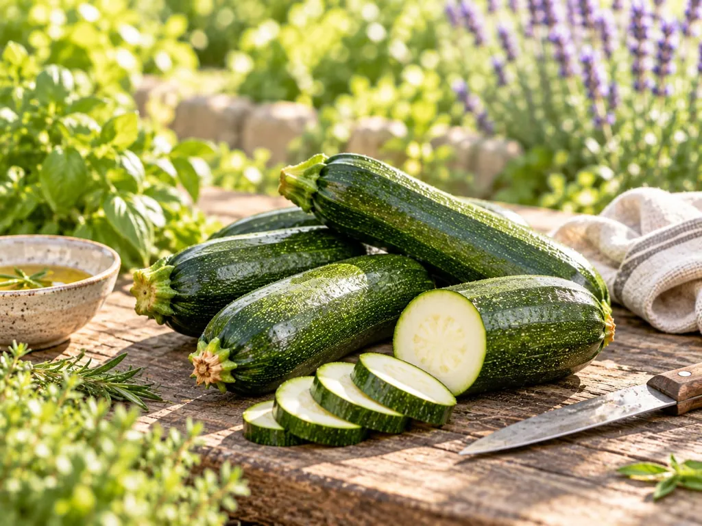 Zucchini, ganz und in Scheiben geschnitten, auf einem Holztisch